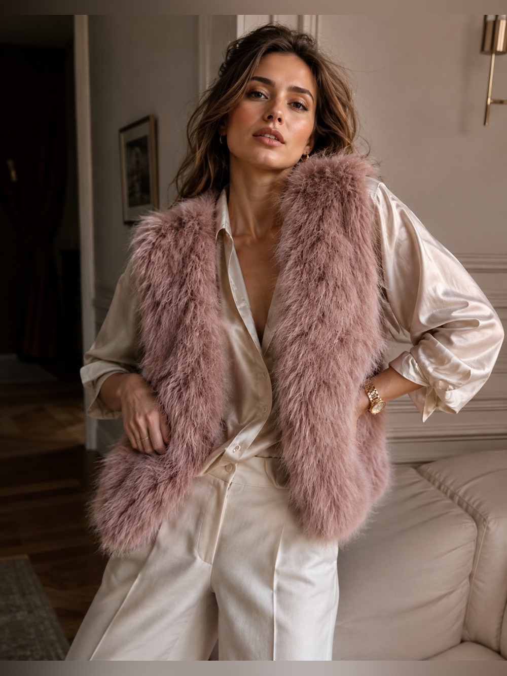 RARE Zara Studio Blush Pink Real Feather Shaggy Vest Gilet M